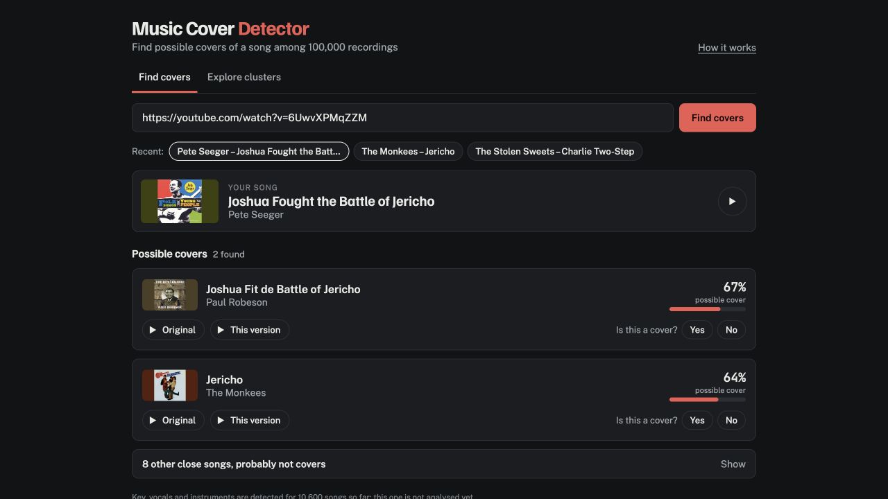 CoverDetector finding possible covers of Pete Seeger’s Joshua Fought the Battle of Jericho